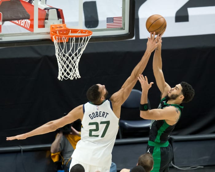 Rudy Gobert (27) blocks a shot by Jayson Tatum (0)